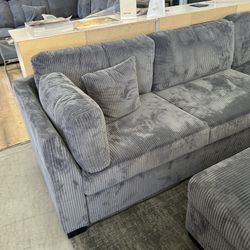 Gray Corduroy Sectional Sofa With Ottoman 