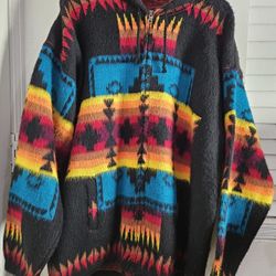 Hand Made Ecuador Wool Cardigan Inca Sweater Unisex Full Zip Hood Large