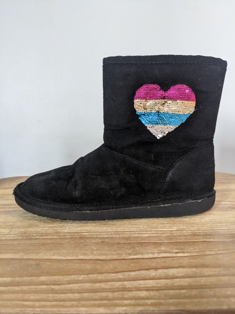 Girls Black Calf High Boots With Flip Sequence Heart