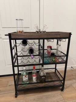 Gray Wood & Black Metal Bar Cart