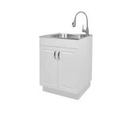 24 in. W x 21 in. D x 34 in. L Stainless Steel Laundry/Utility Sink with Faucet and Cabinet in White