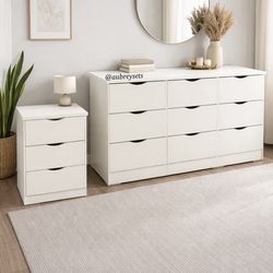 White 9 drawer jumbo dresser with matching nightstand bundle