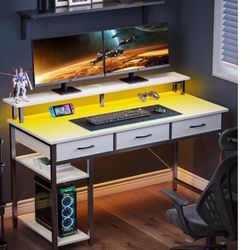 Computer Desk with Power Outlets & LED Light, 39 inch Home Office Desk with 3 Drawers and Storage Shelves, Writing Desk with Monitor Stand, Work Desk 