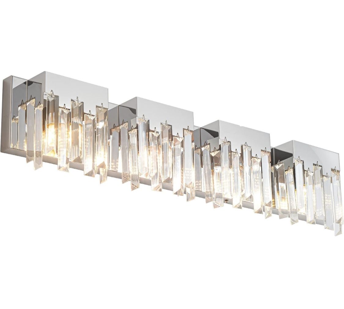 Crystal Bathroom Light Fixture, 28 Inchs Chrome Vanity Light Over Mirror, 4 Lights Modern Wall Lamp with Protective Shade, UL Listed, G9 Base (4 Light