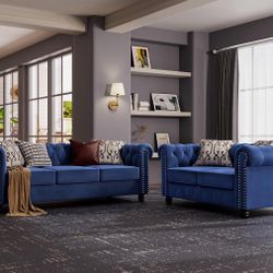 2 - Piece Living Room Set，living Room Sofa And Loveseat, Living Room Velvet Blue Couch, Office Sofa, Office Couches 