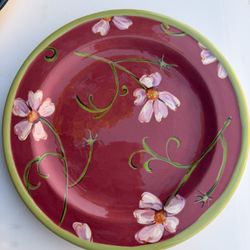 Droll Designs  Salad Plate 8.75” Red Floral Design –Green Rim – New