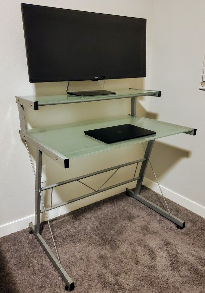 Frosted Glass And Silver Metal 2 Tier Computer Desk