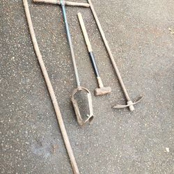 Vintage Post Hole Digger,  Pick Axe Mattock,  Sledge Hammer,  Crow Pry Bar