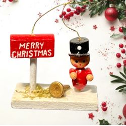 Vintage 1970s Dollhouse Wooden Toy Soldier Christmas Ornament Merry Christmas, 3x2”  PLEASE NOTE: The first image is an artistic representation; all o