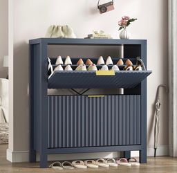 32" Fluted Shoe Cabinet Storage with 2 Flip Drawers for Entryway, Hallway, Blue