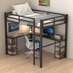 Heavy Duty Metal Full Size Loft Bed with Desk and Shelves, Loft Bed with Ladder and Guardrails, Loft Bed Frame for Bedroom, Black with Vintage Wood-Co