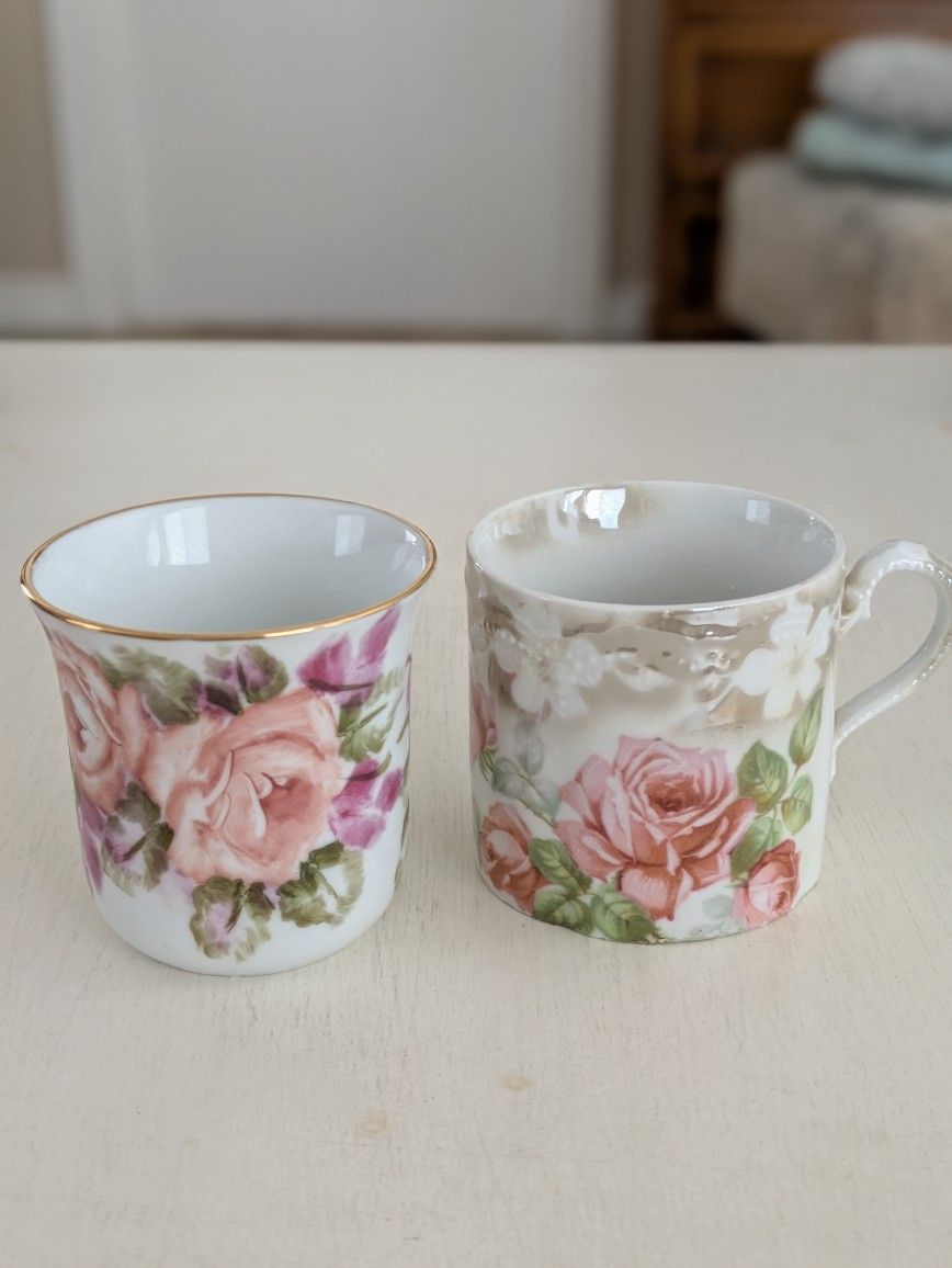 Two Beautiful Vintage Hand Painted Floral Cups~Sold Together~Germany