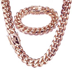 New 18k Rose Gold Cuban Link Chain And Bracelet 