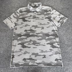 Travis Mathew Golf Polo Shirt Men Medium Gray Camo Palm Tree Short Sleeve Casual