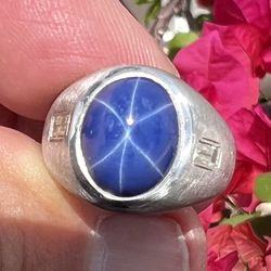 Mens Lindee Blue Star Sapphire 14KT White Gold Baguette Diamond  Ring “STUNNING”