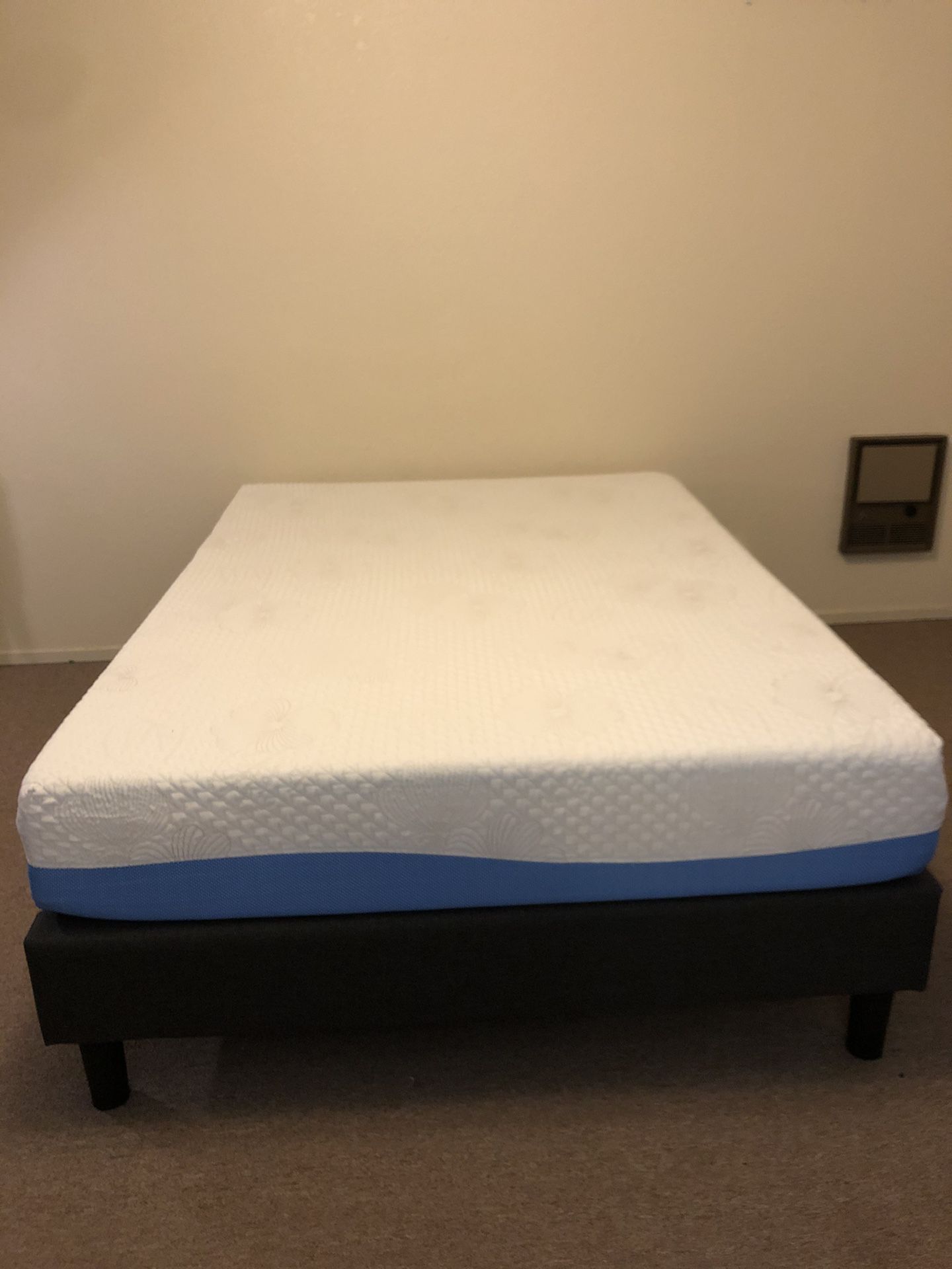 Full-Size Upholstered Bed with Memory Foam Mattress and Mattress Topper