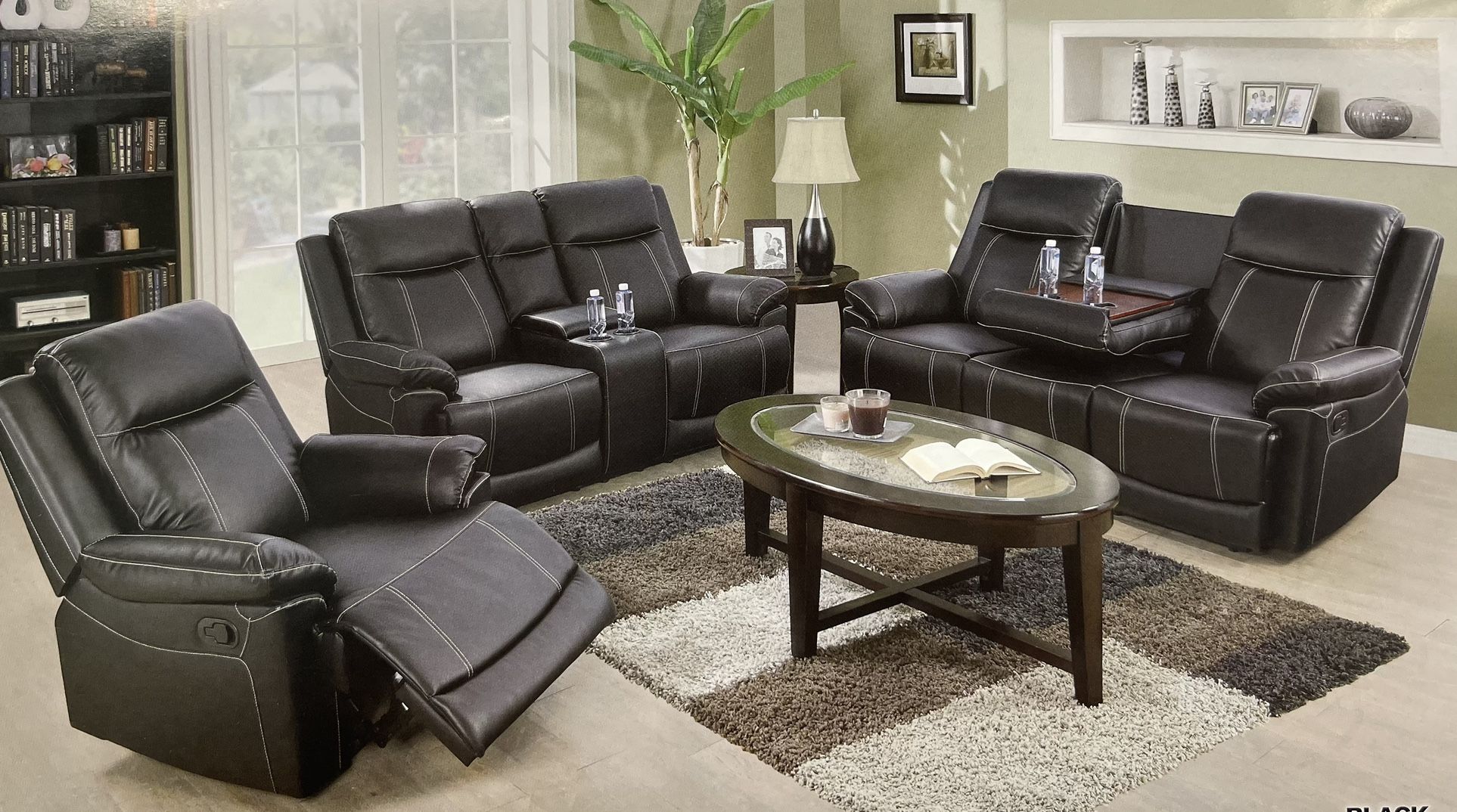 Black Leather Reclining Couch Set With Cup Holders