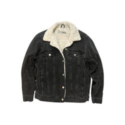 Women’s Black Sherpa-Lined MOTO Denim Jacket – Size 6 100% Cotton