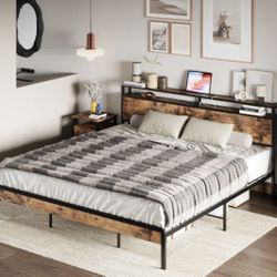Queen Platform Bed With Headboard Shelf And USB Ports 