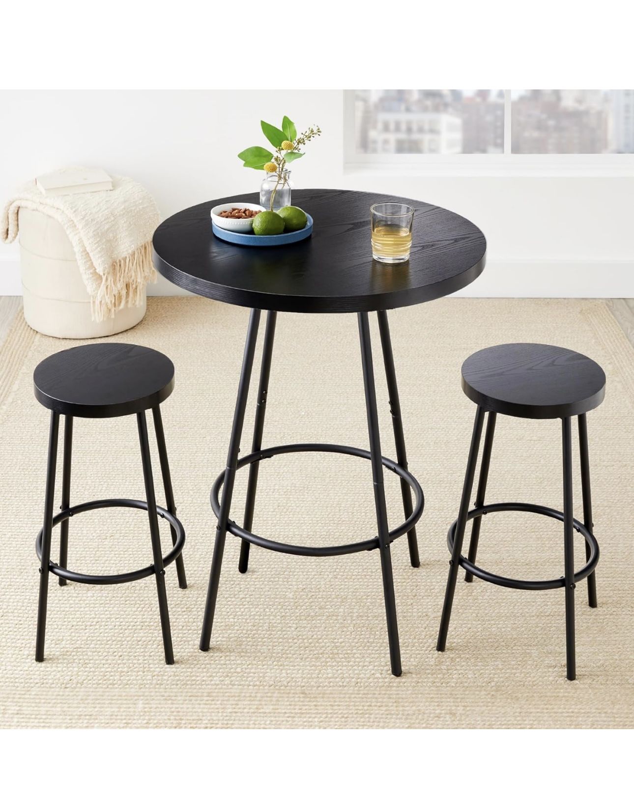 Bistro Dining Set 3 Piece, Modern Round Counter Height Pub Table, Compact High Top with Bar Stools Pub Dining Set for Kitchen, Breakfast Room - Black