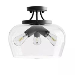 14 in. 3-Light Matte Black Semi-Flush Mount with Clear Glass Shade