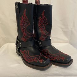 Harley-Davidson Slayton Black Leather Square Toe Boots with Red Flames Harness Size 9
