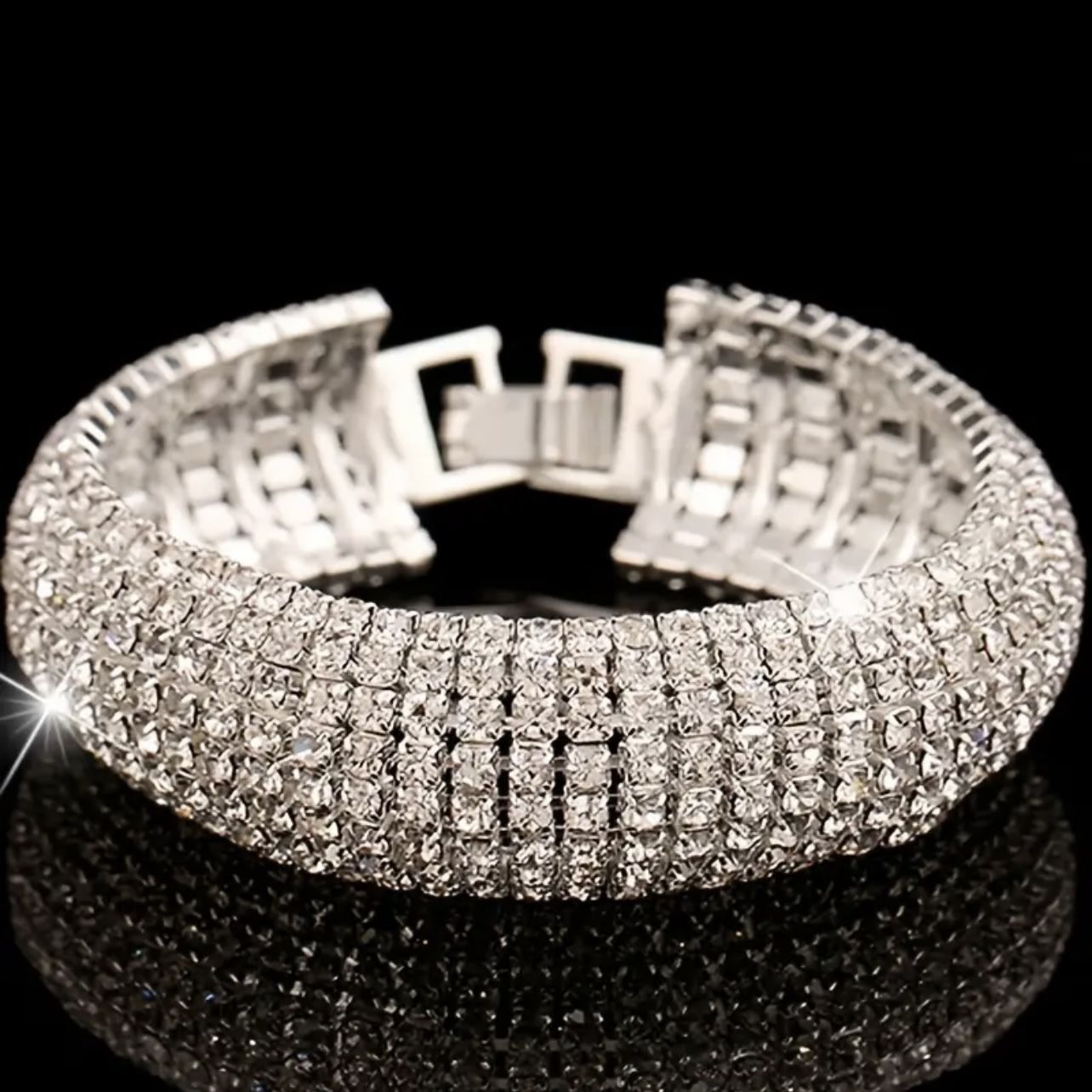 Elegant 7 Rows Curved Full Rhinestones Sparkling Bracelet Silver Plated 7 IN
