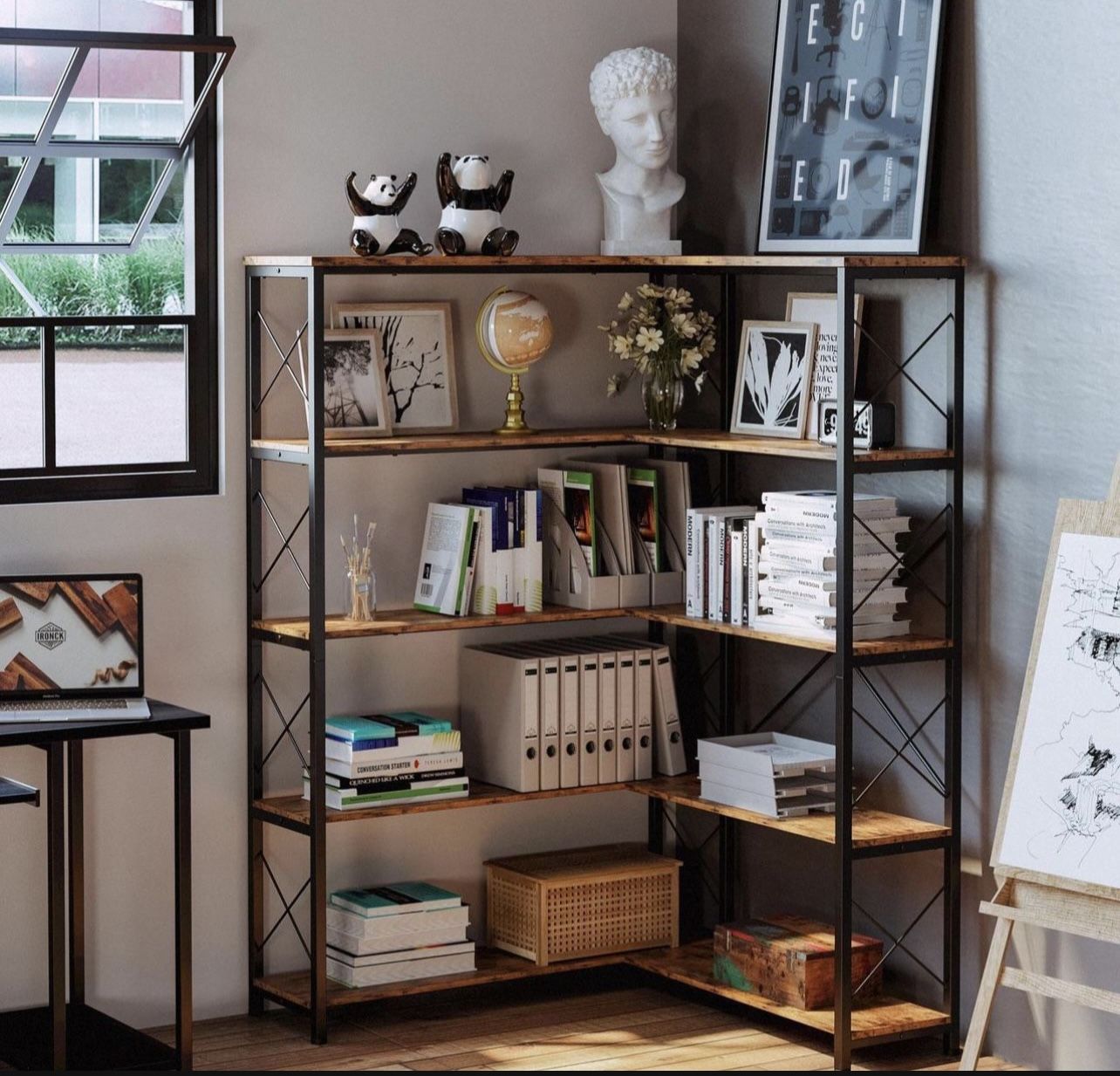 Bookcases and Bookshelves Industrial Corner Etagere Bookcase L Shaped 5 Tier with Metal Frame for Living Room Home Office