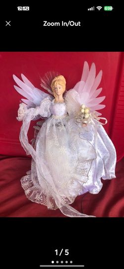 Vintage angel, silver and white tree topper 12”