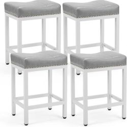Saddle Bar Stools Set of 4, 24 Inch Counter Height Stools with Curved PU Leather Surface, 3.7" Thick Upholstery Bar Height Stools with Footrest for Ki