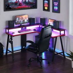 Gaming L-Shaped Desk with LED, Risers and Power Station 