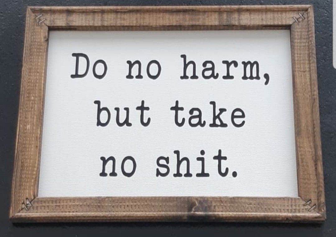 Do no harm but take no shit framed wooden sign