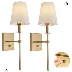 Rizzyluz Dimmable Wall Sconces Set of 2 for Living Room Bedroom, Gold Wall Light with On Off Switch Linen Fabric Shade