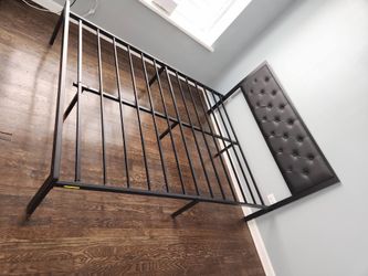 Black Metal Bed Frame with Upholstered Headboard