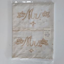 Vintage Mr & Mrs Pillow Cases With Gold Embroidery - All Cotton - Sealed