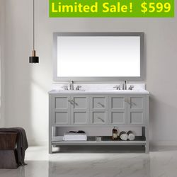 60”grey double sink bathroom vanity with carrara white marble stone top
