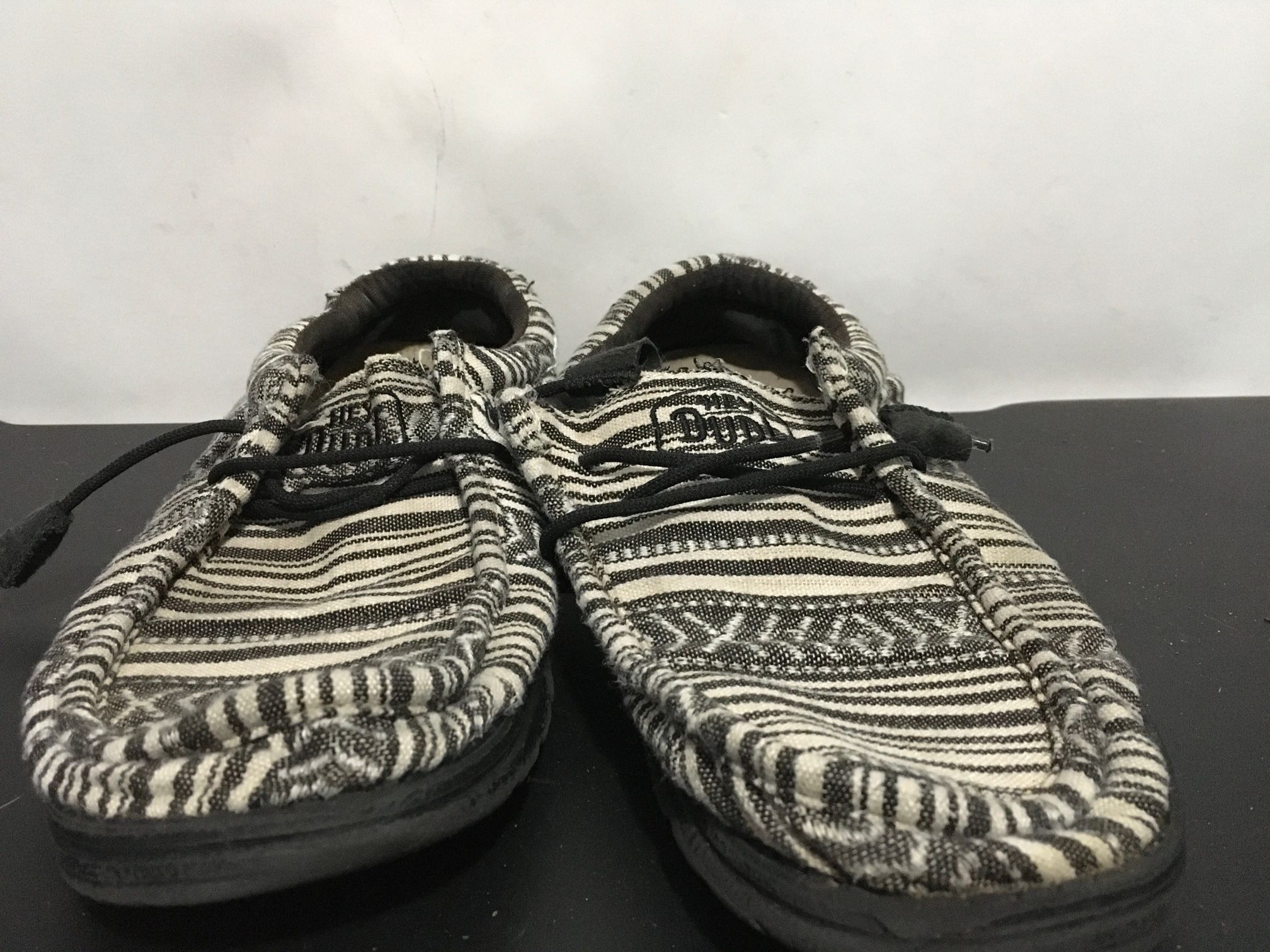 Hey Dude Black Stripes Slip-On Shoes - Size 8 Mens /Women's 10