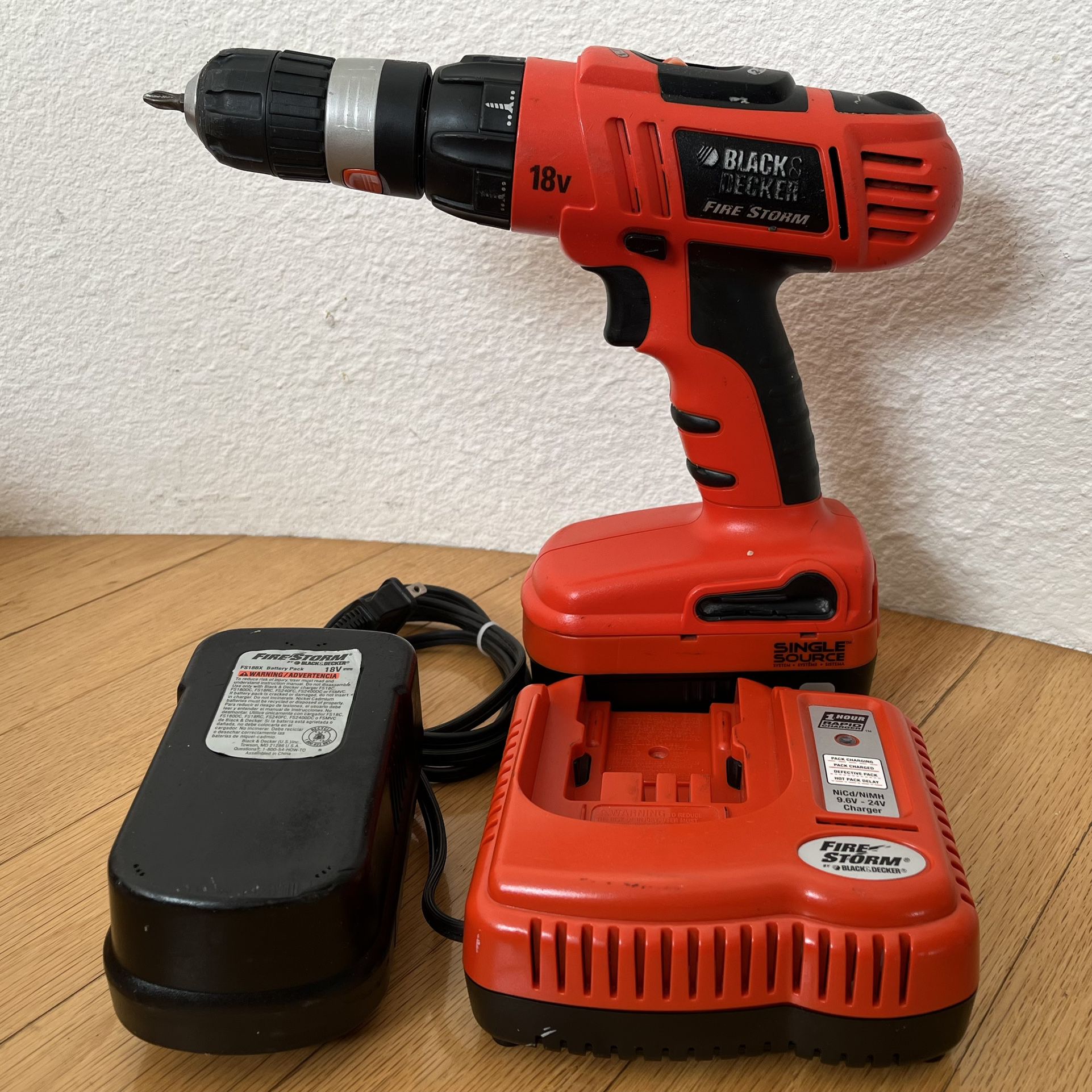 Cordless Black and Decker 18V Fire Storm Drill with battery and charger