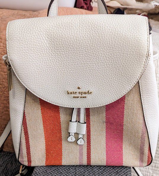 Kate Spade Leather Backpack Purse, White With A Rattan Front