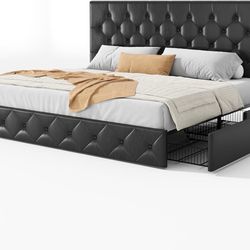 Upholstered Queen Size Platform Bed Frame with 4 Storage Drawers, Adjustable Headboard with Diamond Stitched Button Tufted Design, Wooden S