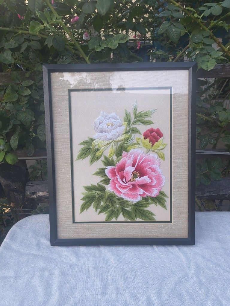Vintage Chiyo's Framed Pink Floral Needlepoint Art Japanese Bunka Needlecraft