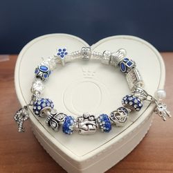 AUTHENTIC PANDORA CHARM BRACELET WITH UNBRANDED EUROPEAN BEADS 
