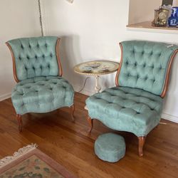 2 Vintage Chairs W/ Footstool 