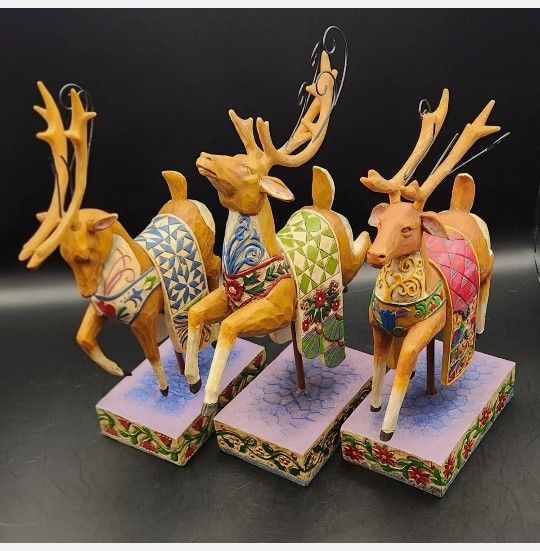 Jim Shore 2004 Dash Away Flying Reindeer Set - Dasher, Prancer, Vixen, Standing Christmas figures