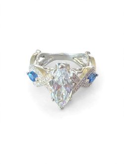 Stunning Marquise Ring with Blue Sapphire Accents - Fine Silver Tone - Sparkles Like Diamond size 7