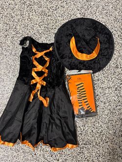 3 Piece Girl’s black & orange witch costume dress, matching pointed hat &  striped tights Size 10-12