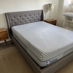 Nearly New Gray Tufted Wingback Queen Bed with Sealy Hybrid Mattress