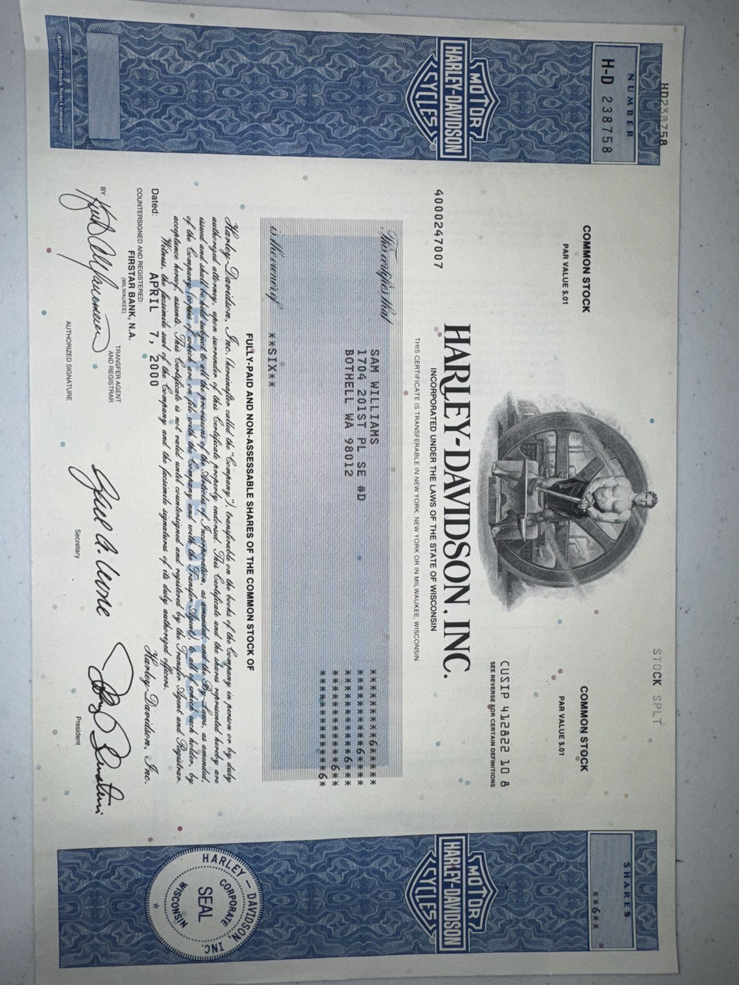 Harley-Davidson, Inc. Stock Certificate - 6 Shares