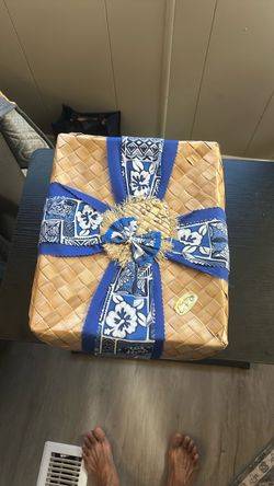 Woven Pandanus Basket with Blue Floral Ribbon