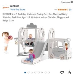 BIERUM 5 in 1 Toddler Slide and Swing Set, Bus Themed Baby Slide